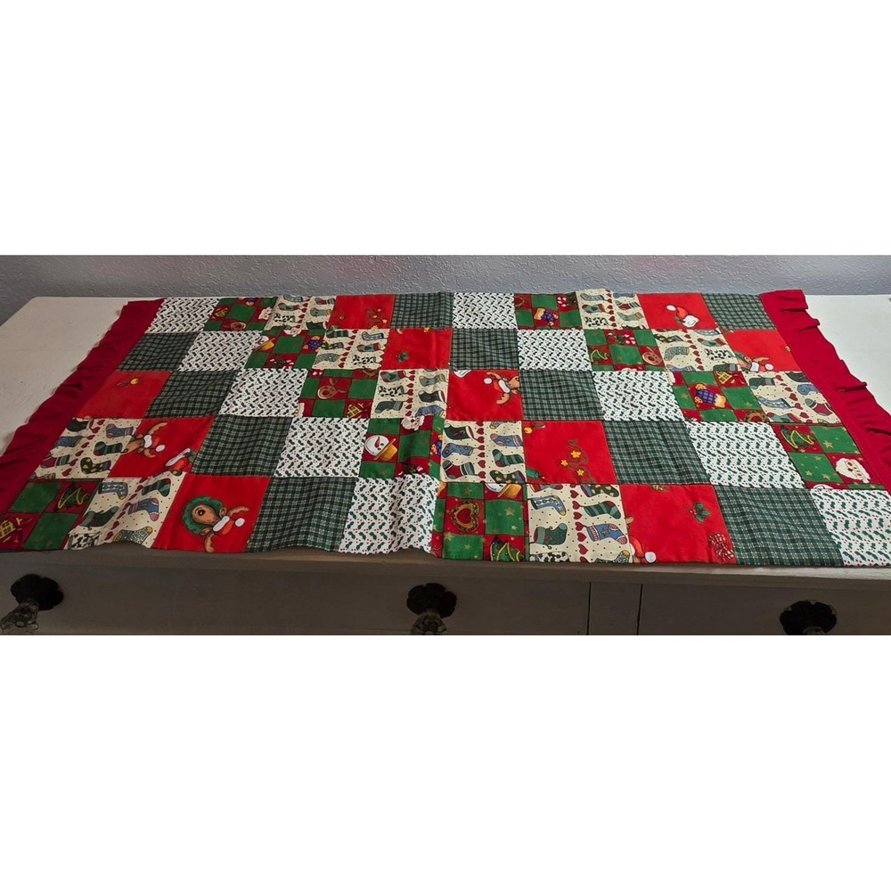 Homemade Christmas Quilted Patchwork Runner‎ Santa Snowman Stockings Holly 38 in
